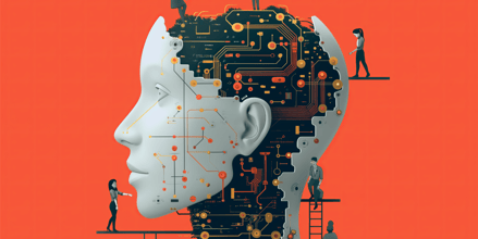 Abstract illustration of a human head with a circuit board inside, symbolizing the integration of technology and human intelligence; small figures work on the circuit board, suggesting collaboration and development in AI.