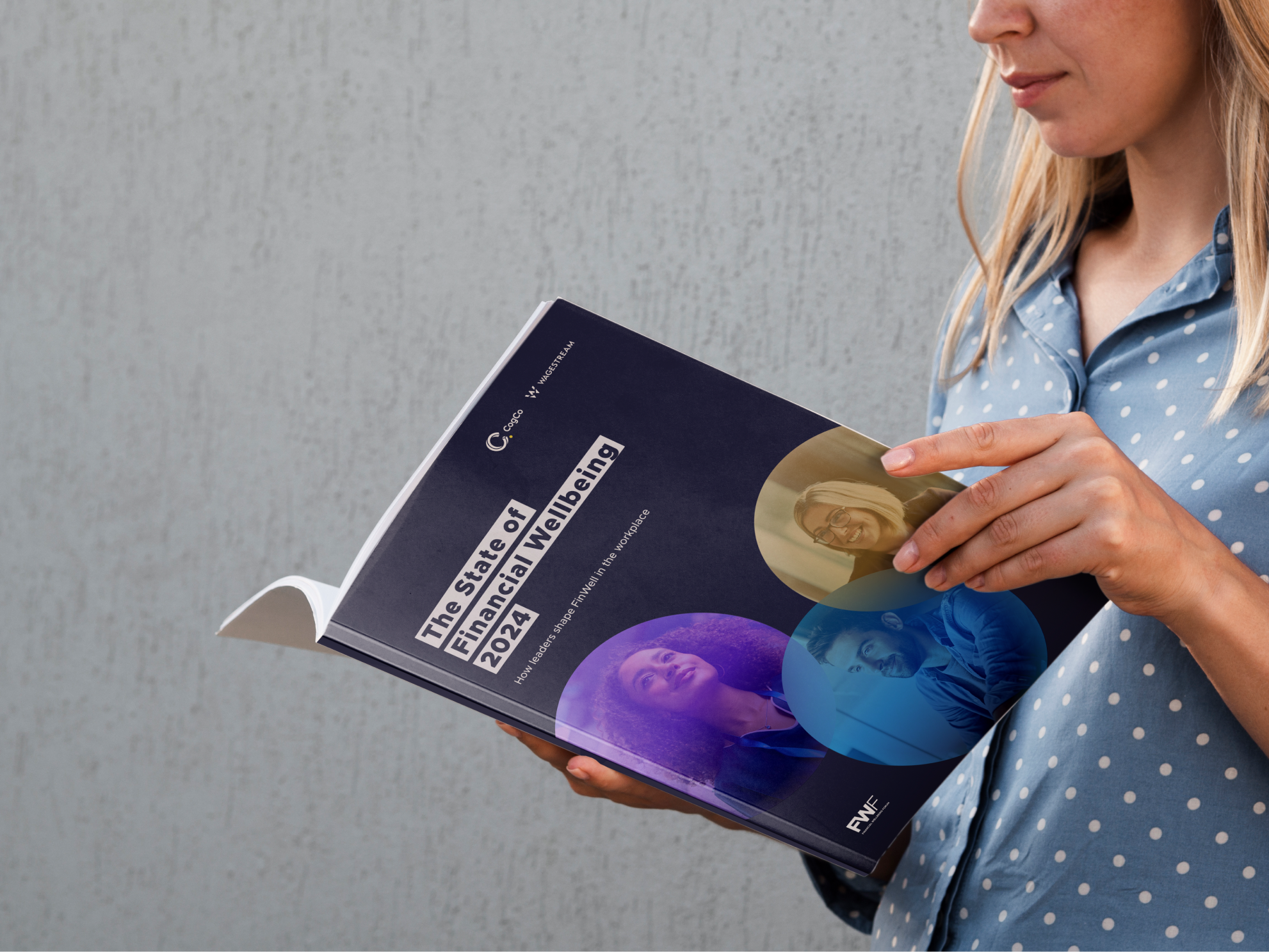 Woman reading "The State of Financial Wellbeing 2024" report, highlighting employee financial wellness in the workplace.
